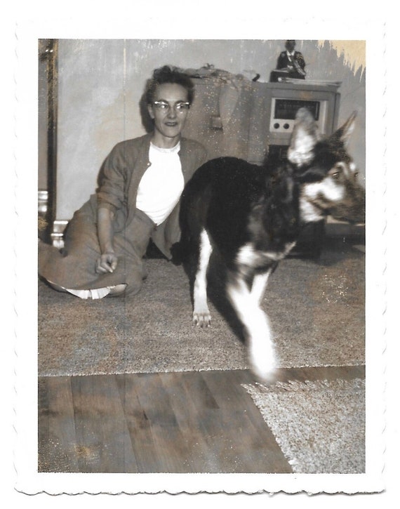German Shepherd Dog With Toy Vintage Polaroid Photo Smiling Woman