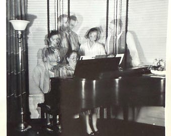 Vintage Small Photo Ghosts Around The Piano Double Exposure Black & White Snapshot