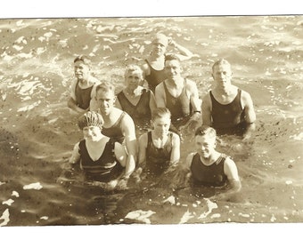 Antique Group Photo Sepia Real Photo Postcard Family Swimmers Vintage Swimsuits Bathing Suits Swim Caps 1920’s RPPC