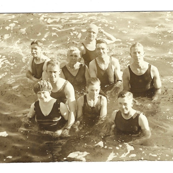 Antique Group Photo Sepia Real Photo Postcard Family Swimmers Vintage Swimsuits Bathing Suits Swim Caps 1920’s RPPC