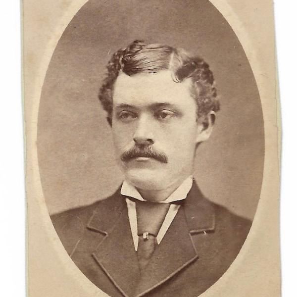 Studio Portrait Handsome Young Man Neatly Trimmed Mustache Necktie With Cameo Stickpin Antique Photograph Carte De Visite Dwight Illinois
