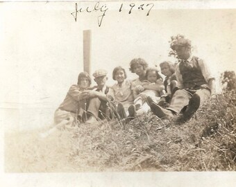 Family & Friends Portrait 1927 Vintage Photo Sisters Brother Boyfriend Girlfriend Pose In Field Antique Sepia Snapshot