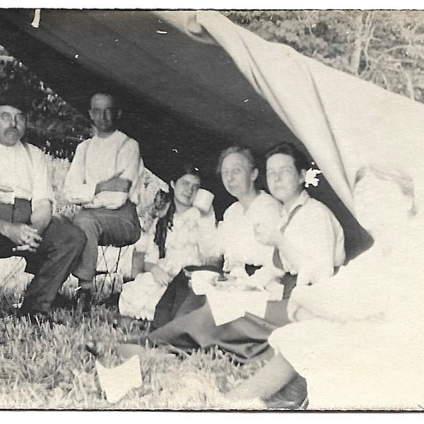 Sunday Afternoon Picnic Victorian Style Original Antique Photo Family Under Tent Ghost Woman In Foreground Model T Car