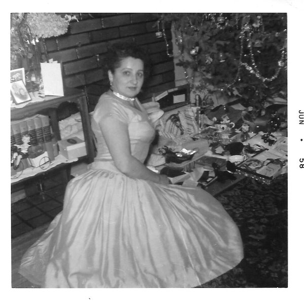 Fancy 50s Cocktail Dress Vintage Photo Woman Sitting Under The Christmas Tree Wearing Full Skirt Dress New Year’s Eve Party