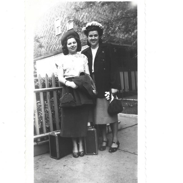 Vintage Photo Young Women With Suitcase Travel Vacation 1950’s Fashion White Gloves Home For The Holidays Luggage Train Travel