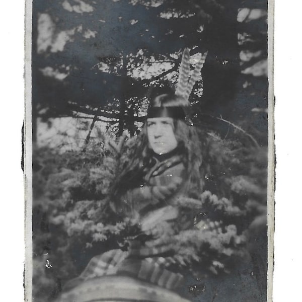 Native American Costume Antique Photo Teen Girl Wearing Feather Headdress American Indian Blanket Original Photograph