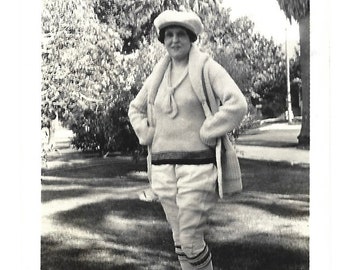 Ready For Anything 1920’s Snapshot Young Woman Wearing Sporty Outfit Knickers Newsboy Cap Athletic Shoes Sailor Blouse Sweater Sports Attire