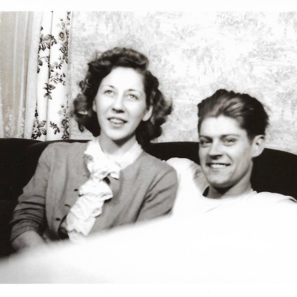 Vintage Photo Handsome Teen Boy & Sister Relax On Sofa Family Portrait 1940’s Snapshot