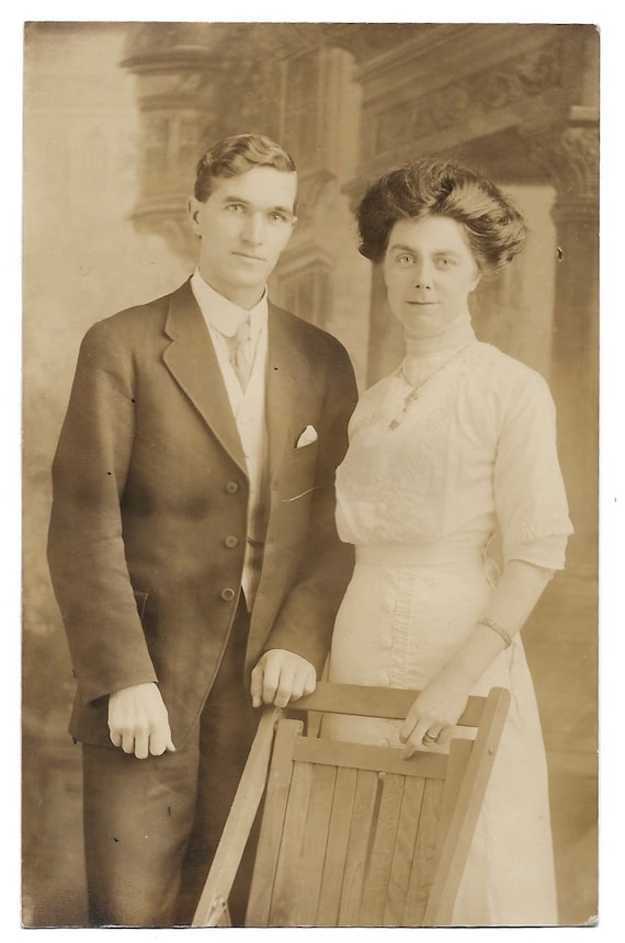 Wedding Picture Lovely Young Woman With Gibson Girl Hair Handsome Groom Sepia Studio Portrait Real Photo Postcard RPPC