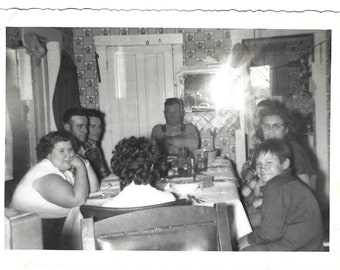 Family Dinner Vintage Snapshot Grouchy Father Camera Flash Reflection In Mirror Farmhouse Kitchen Original Photo