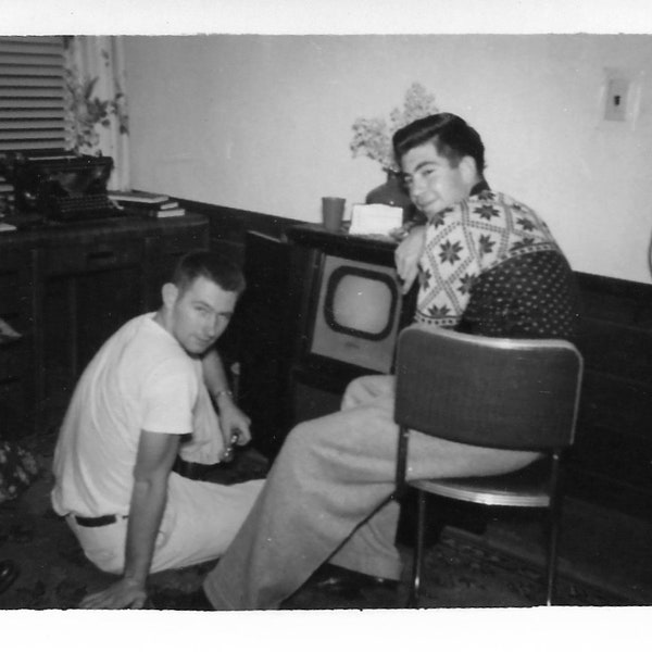 Vintage Photo Two Guys & A Television 1950’s Electronic Equipment TV Set Handsome Men Old Snapshot