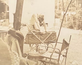Our Gal Sal Vintage Photo Unusual Mood Woman Leaning Over Baby Carriage