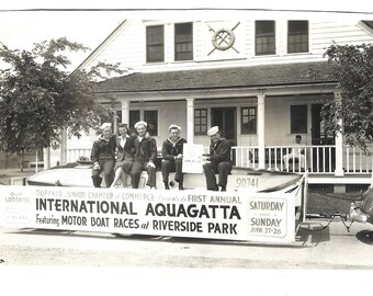 Vintage Snapshot Sailors On Parade Float Motor Boat Races Regatta Guy Lombardo Buffalo NY (?) Military US Navy Vintage Photo