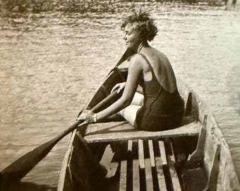 Vintage Photo Lovely Woman In Wooden Rowboat