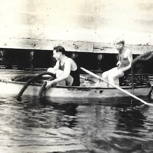 Something Happened Antique Photo Handsome Man In Rowboat Little Boy Sitting In Wicker Chair Handwritten Caption On The Reverse