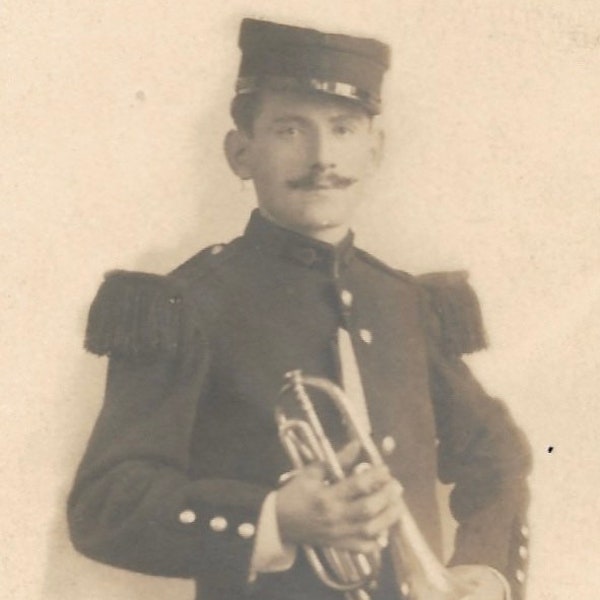 Trumpet Player In Band Uniform Antique Photograph Portrait Of Man With Handlebar Mustache Small Photo Possibly European Military Uniform