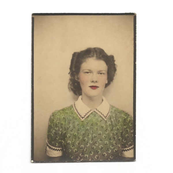 Vintage Snapshot "Rosie Likes Rickrack" Trim Collar Pretty Girl Hand-Tinted Photobooth Snapshot Found Vernacular Photo