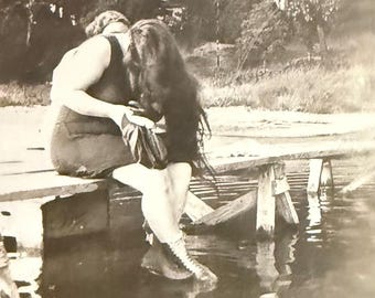 Antique Photo Long Hair Faceless Woman Wearing Swimsuit