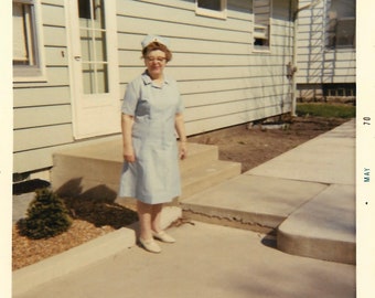 Red Cross Volunteer Vintage Photo Woman Wearing Pale Blue Uniform With Cap Nurse Health Care Worker Outfit 1970 Color Photo