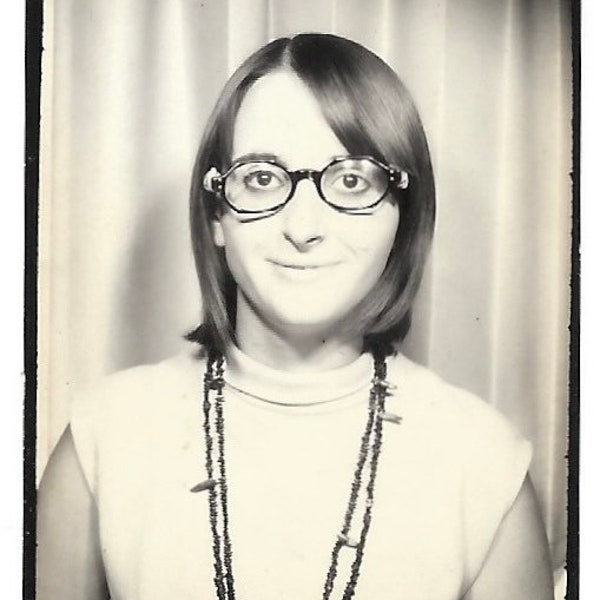 Vintage Photo Booth Snapshot Young Woman Wearing Eyeglasses Hippie Necklace & Sleeveless Shell 1960’s Photo Booth