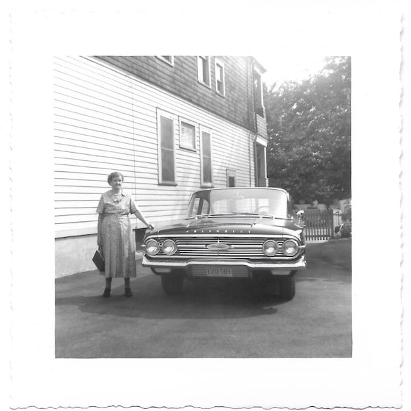 Grandmother’s New Car Chevy Impala 1960’s Vintage Snapshot Chevrolet Classic Antique Automobile Vintage Black & White Photo