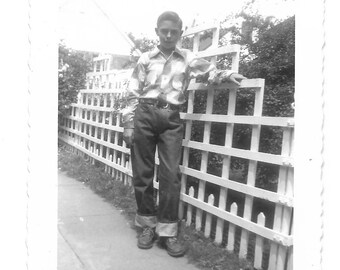 Room To Grow Vintage Photo Young Man Wearing New Blue Jeans & Western-Style Shirt 1950’s Cuffed Jeans Rockabilly Fashion