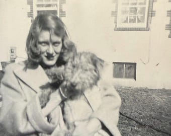 Vintage Photo Blonde Holding Shaggy Dog Black & White Snapshot