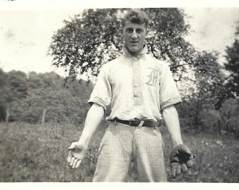 Smallest Baseball Glove Ever Original Antique Photo Teen Boy Wearing Old Time Itchy Wool Baseball Uniform Small Leather Fielding Glove