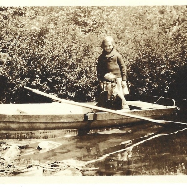 Antique Photo Sitting Low In The Water Young Girl With Woman In Rowboat Sepia Photography