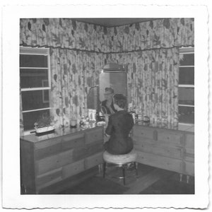 1950’s Woman Reflected In Mirror Vintage Snapshot Mid-Century Home Decor Black & White Abstract Photo