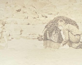 Tide Pool Boys On The Beach Antique Sepia Photograph Children Exploring Seaside