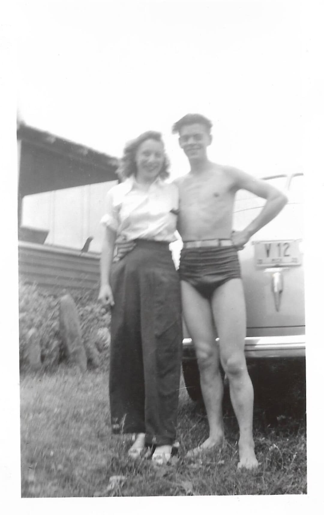 Shirtless Speedo Man Poses With Pretty Girl 1940s Snapshot