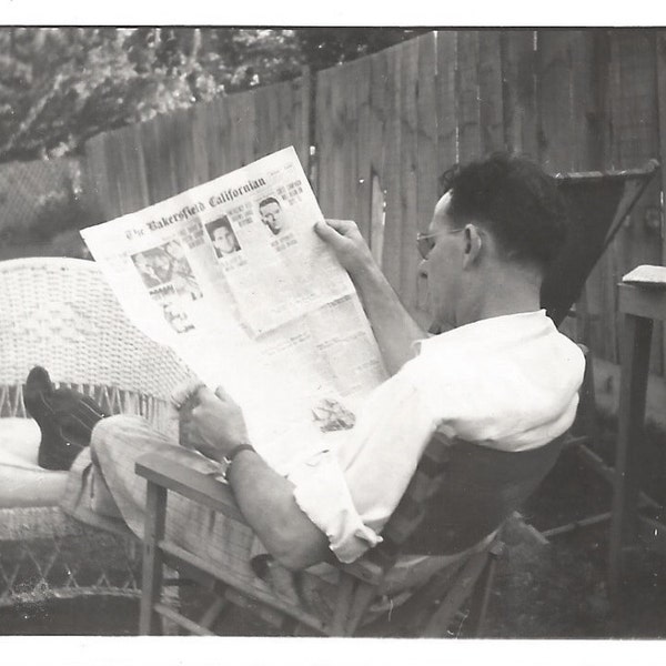 Vintage Photo "Bakersfield Californian" Newspaper Man Reading Sunday Paper News Found Vernacular Photo