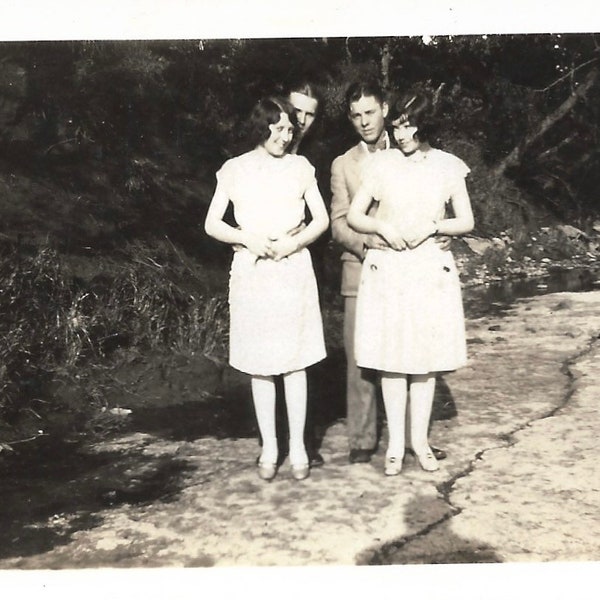 Pretty Girls With Coy Smiles Vintage Photo Handsome Boyfriends Embrace Girls 1930’s Fashion Vintage Shoes Couples Portrait Photograph