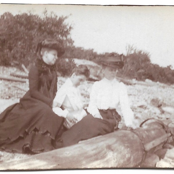 Shipwreck Victorian Women On Rocky Beach Pose With Ship’s Mast Antique Photo Widow Black Dress Hat