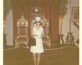 Incognito Tourist Vintage Photo Woman Wearing Sunglasses & Hat Poses In A Castle 1960’s Mini-Dress Vintage Color Snapshot