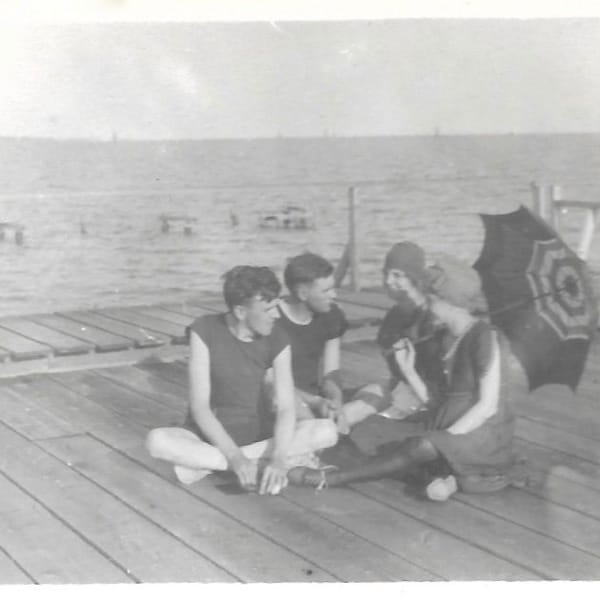 Sun Protection Parasol Young Women & Men At The Beach Vintage Swimsuits Swim Caps 1910’s Snapshot Swim Caps Boardwalk Pier