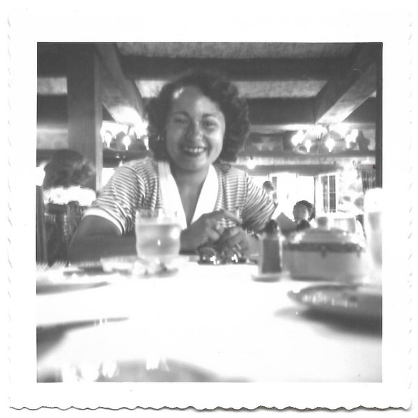 Dining Out Vintage Photo Of Smiling Woman In Restaurant Waiter & Diners In Background 1960’s Snapshot