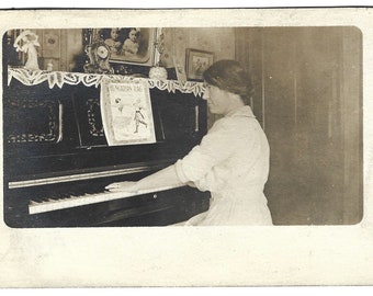 Pianist Young Woman Seated At Upright Piano Antique Real Photo Postcard RPPC Sheet Misic