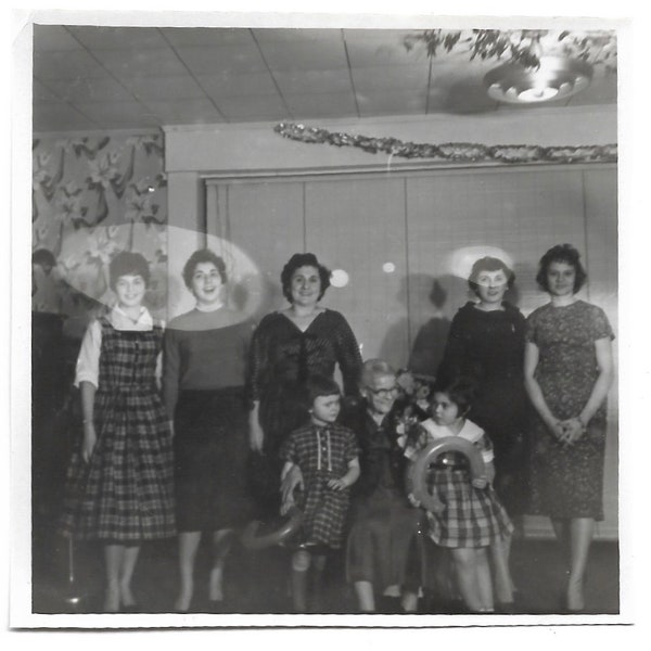 Unusual Blobs In Black And White Vintage Snapshot Smiling Women At A Party Spooky Photo Aliens UFO’s Ectoplasm