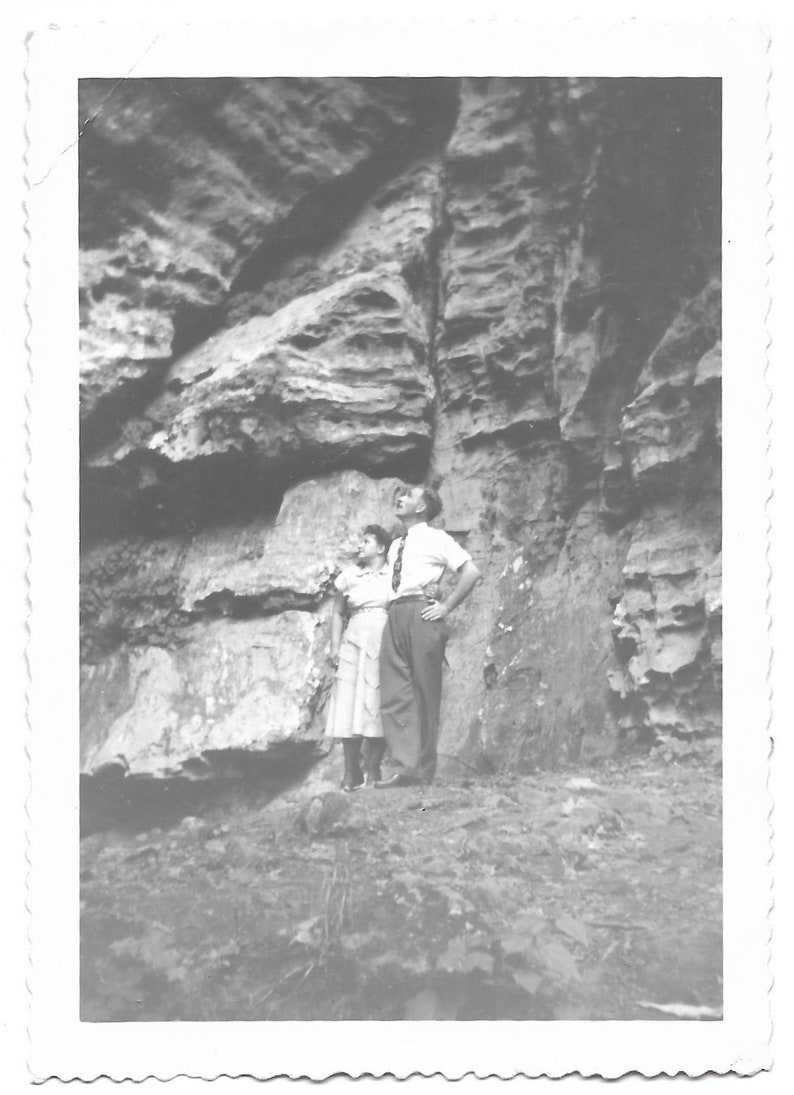 A Sight To Behold Vintage Photo Man & Woman Look Up In Awe Rocky Cliffs Tourist Attraction 1940s Snapshot Great Outdoors National Parks image 1