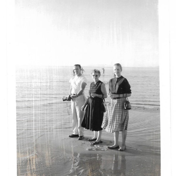 Wet Feet Family Vacation At The Beach Vintage Snapshot 1960’s Polaroid Black & White Photo Son Holding Vintage Camera