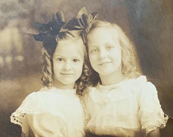 Antique Portrait Photo Of Young Girls Hair Bows Sausage Curls Sisters Gelatin Silver Studio Photograph