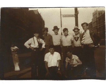 Guys Of Greenview Street Antique Photo Handsome Young Men Pose On Street Corner Vintage Hats Cityscape Group Photo