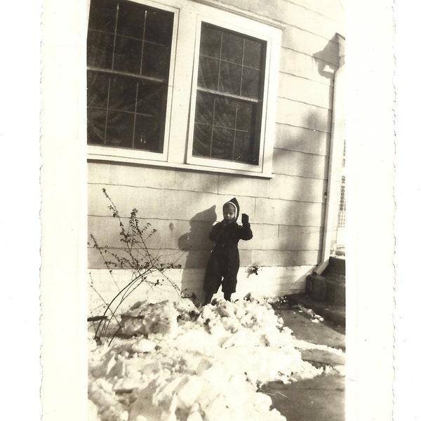 Cool Shadow On The House Of A Little Girl Playing In The Snow Vintage Snapshot