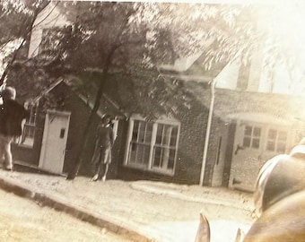 Vintage Photo Tilted Angle Family In Front Of Home Photographer Hiding Behind Car?