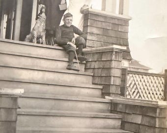 Stairs Antique Photograph Family Poses At Top Of Steep Stairs Woman With Dog & Box Camera