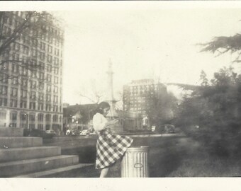 Skirt In The Trash Can Vintage Photo Windy Day Little Girl Wearing Plaid Skirt Unusual Snapshot