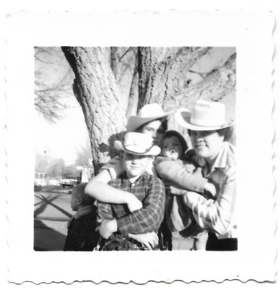 Cowboy Hats Vintage Photo Young Boys, Mom Baby Pose Wearing