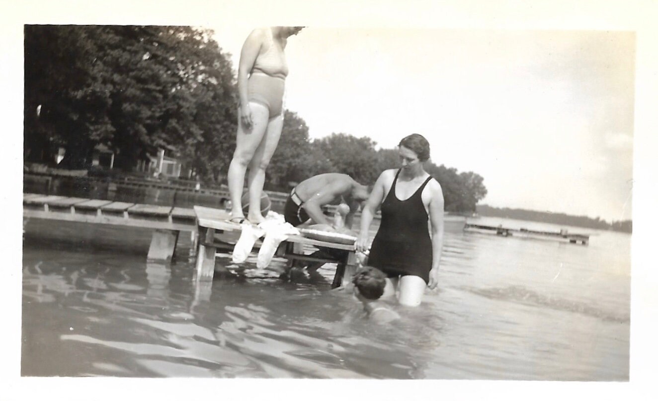 1920s Swimsuit Women at Boat Dock Vintage Snapshot Shirtless image
